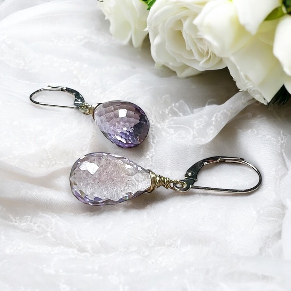 Handcrafted Natural Rose de France Amethyst Earrings 14K White Gold, NEW - Picture 9 of 9